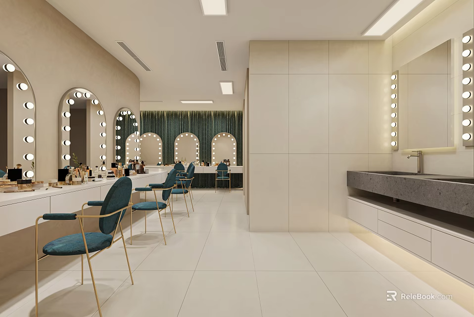 Modern Beauty Hair Salon Interior With Mirrors Blue Chairs Vanities And Washbasin 3d model 