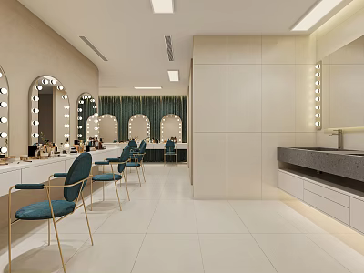 Modern Beauty Hair Salon Interior With Mirrors Blue Chairs Vanities And Washbasin 3d model