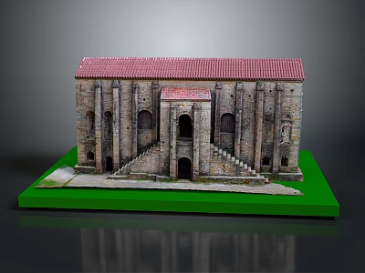 Cartoon Scene Of Ancient Stone Building With Red Roof Arched Doors And Green Base 3d model