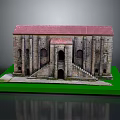 Cartoon Scene Of Ancient Stone Building With Red Roof Arched Doors And Green Base