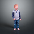 Cute Little Boy Standing Barefoot In Gray And Blue Long Sleeve Shirt And Jeans