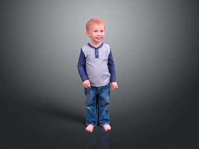Cute Little Boy Standing Barefoot In Gray And Blue Long Sleeve Shirt And Jeans 3d model