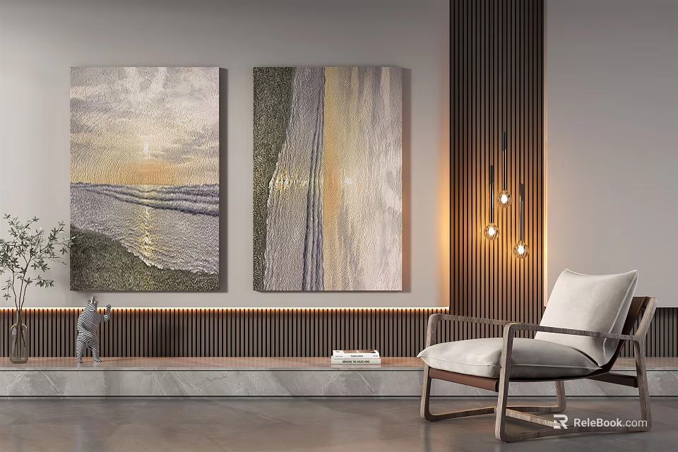 Interior With Seascape Sunset And Abstract Paintings Vertical Striped Wall Chair And Floor Lamp 3d model 