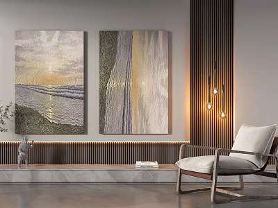 Interior With Seascape Sunset And Abstract Paintings Vertical Striped Wall Chair And Floor Lamp 3d model