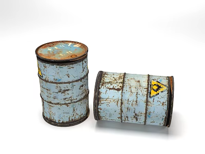 Two Old Rusty Blue Industrial Equipment Drums With Yellow Warning Signs 3d model