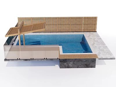 Wooden Bridge In Modern Swimming Pool Area With Bamboo Fence And Marble Deck 3d model