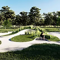 Creative Garden Landscaping With Circular Grass Areas White Pathways Seating And Green Plants