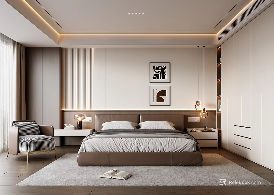 Elegant Modern Bedroom Interior Design With Large Bed Nightstand Pendant Light Wardrobe And Accent Chair 3d model 