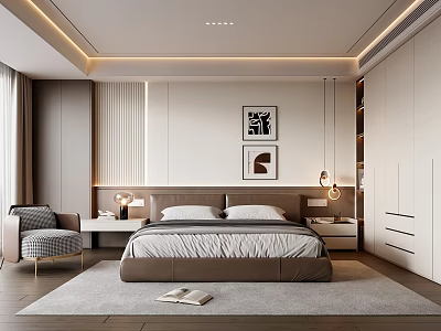 Elegant Modern Bedroom Interior Design With Large Bed Nightstand Pendant Light Wardrobe And Accent Chair 3d model