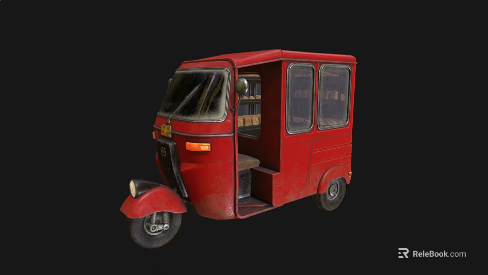 Red Vintage Three Wheeled Motorcycle With Open Door And Classic Cab Design 3d model 