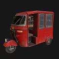 Red Vintage Three Wheeled Motorcycle With Open Door And Classic Cab Design