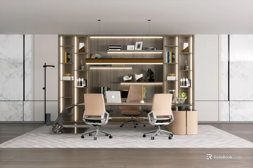 Modern Office Interior With Wooden Desk Ergonomic Chairs Bookshelves And Laptop 3d model 