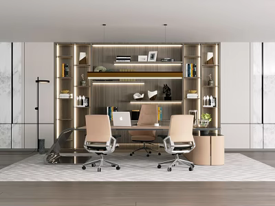 Modern Office Interior With Wooden Desk Ergonomic Chairs Bookshelves And Laptop 3d model