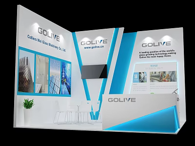 GOLIVE Exhibition Booth With Modern Blue White Geometric Design Display Screen And Promotional Posters 3d model