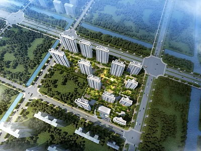Aerial View Planning of Residential Complex With High Rise Buildings Green Spaces and Roads 3d model
