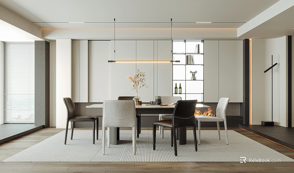 Modern Restaurant Interior With Dining Table Chairs Pendant Lights White Cabinets And Fireplace 3d model 