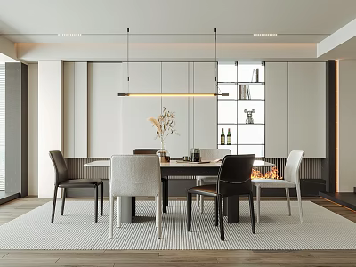 Modern Restaurant Interior With Dining Table Chairs Pendant Lights White Cabinets And Fireplace 3d model