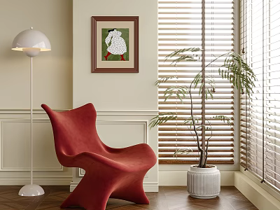 Red Leisure Chair In Room With Floor Lamp Plant And Blinds 3d model