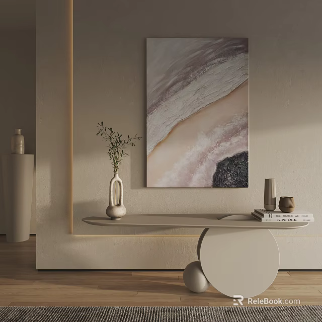 Elegant Minimalist Interior Decor With Abstract Painting Console Table Vase Greenery And Books 3d model 