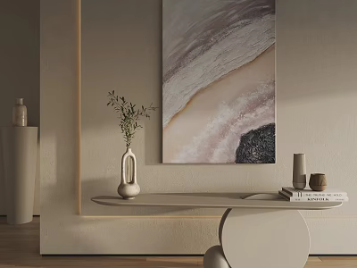 Elegant Minimalist Interior Decor With Abstract Painting Console Table Vase Greenery And Books 3d model