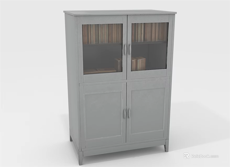 Gray Bookcase With Upper Glass Doors And Lower Wooden Doors Holding Books 3d model 