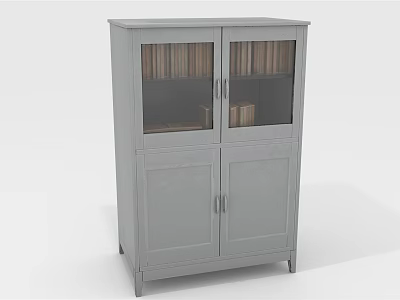Gray Bookcase With Upper Glass Doors And Lower Wooden Doors Holding Books 3d model