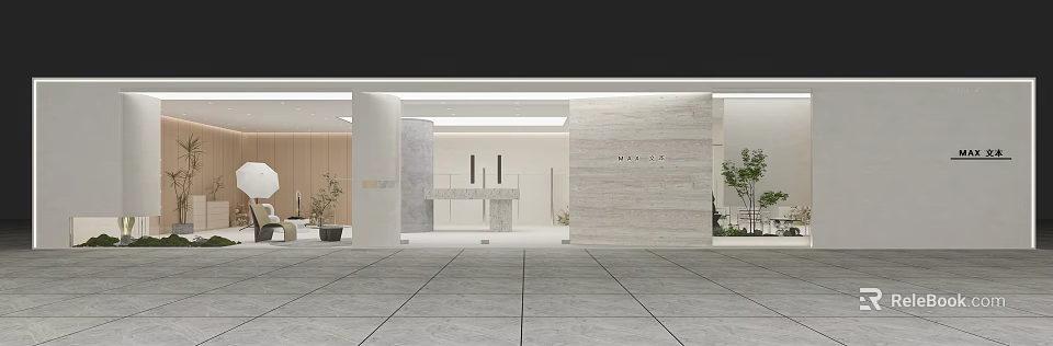 Modern Minimalist Public Office Space Interior With White Columns Light Colored Walls And Green Plants 3d model 
