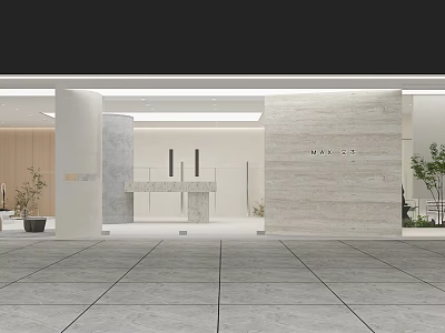 Modern Minimalist Public Office Space Interior With White Columns Light Colored Walls And Green Plants 3d model