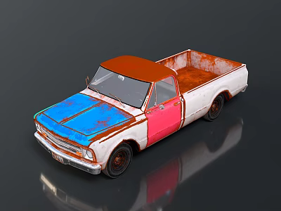 Vintage Rusty Truck With Orange Roof Blue Hood Pink Door And White Bed 3d model