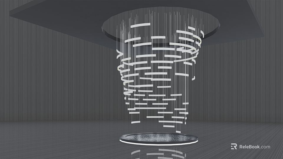 Abstract Spiral Sculpture With White Elongated Strips And Circular Reflective Base 3d model 