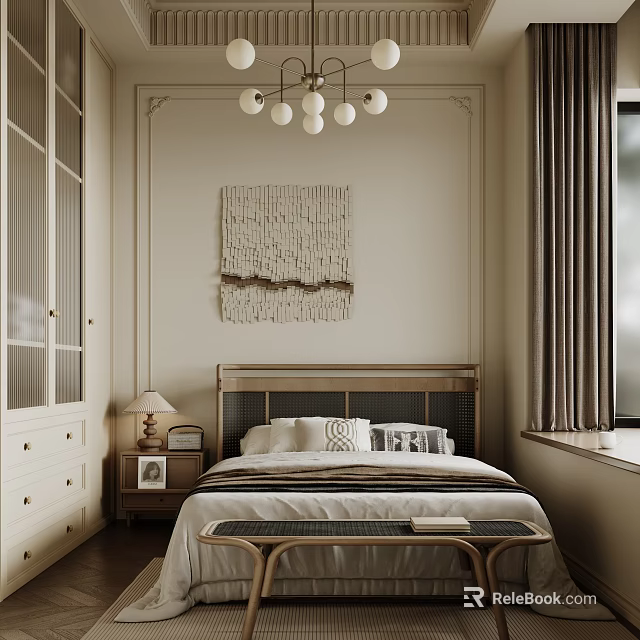 Modern Cozy Bedroom Interior With Woven Wall Art Pendant Lights And Bed Bench 3d model 