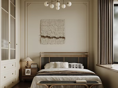 Modern Cozy Bedroom Interior With Woven Wall Art Pendant Lights And Bed Bench 3d model