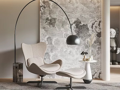 Modern Beige Upholstered Accent Chair With Ottoman Arched Floor Lamp And Patterned Wallpaper 3d model