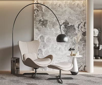 Modern Beige Upholstered Accent Chair With Ottoman Arched Floor Lamp And Patterned Wallpaper 3d model