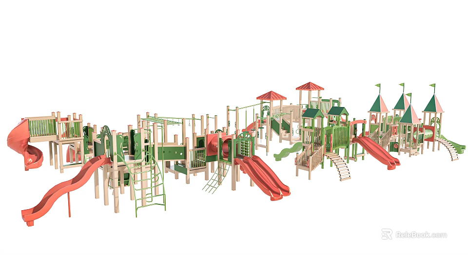 Outdoor Wooden Playground Equipment With Slides Climbing Frames And Swings For Kids 3d model 