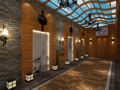 Elevator Hallway With Wooden And Stone Walls Glass Ceiling Chandelier Decorative Paintings And Wooden Flooring 3d model