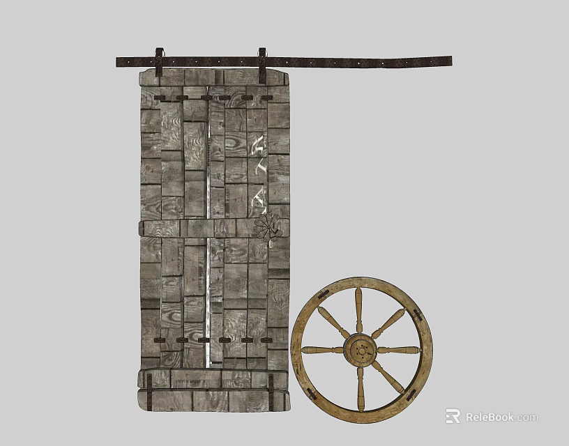 Rustic Wooden Barn Door with Traditional Design and Decorative Wheel 3d model 
