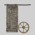 Rustic Wooden Barn Door with Traditional Design and Decorative Wheel
