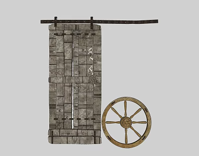 Rustic Wooden Barn Door with Traditional Design and Decorative Wheel 3d model