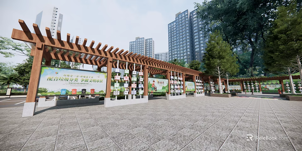 Wooden Pergola Structure With Promotional Posters In Community Plaza Near High Rise Buildings 3d model 