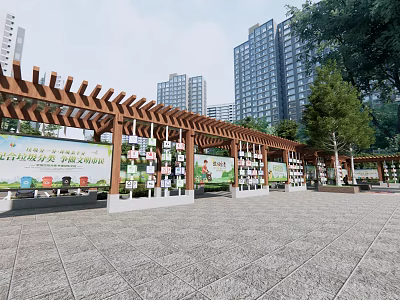 Wooden Pergola Structure With Promotional Posters In Community Plaza Near High Rise Buildings 3d model