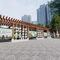 Wooden Pergola Structure With Promotional Posters In Community Plaza Near High Rise Buildings