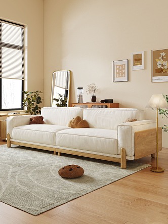 Nordic Double Sofa Cream Solid Wood Multiplayer Sofa 3d model