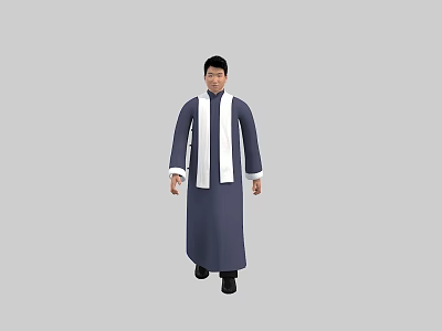 Man Wearing Traditional Long Blue Robe with White Trim Details 3d model