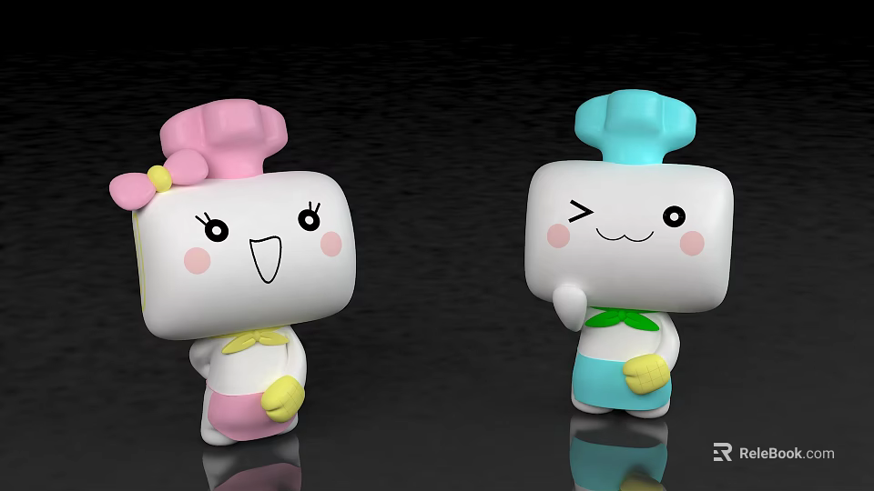 Cute Chef Cartoon Dolls with Pink Blue Hats Bow Winking Expressions and Happy Smiling Faces 3d model 