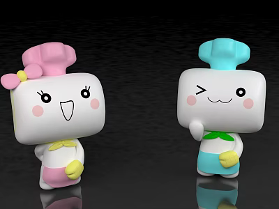 Cute Chef Cartoon Dolls with Pink Blue Hats Bow Winking Expressions and Happy Smiling Faces 3d model