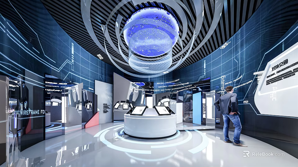 Innovative Modern Exhibition Hall Featuring Circular Display Stand Blue Lighting And Interactive Screens 3d model