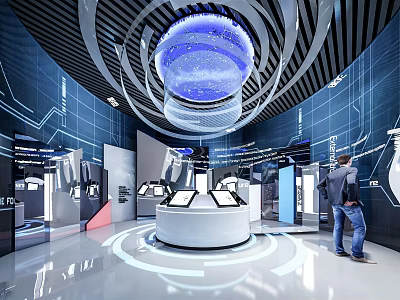 Innovative Modern Exhibition Hall Featuring Circular Display Stand Blue Lighting And Interactive Screens 3d model