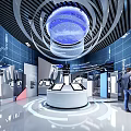 Innovative Modern Exhibition Hall Featuring Circular Display Stand Blue Lighting And Interactive Screens 3d model