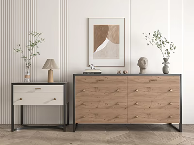 Wooden Chest of Drawers With Multiple Drawers Metal Handles And Green Plants By Striped Wall 3d model